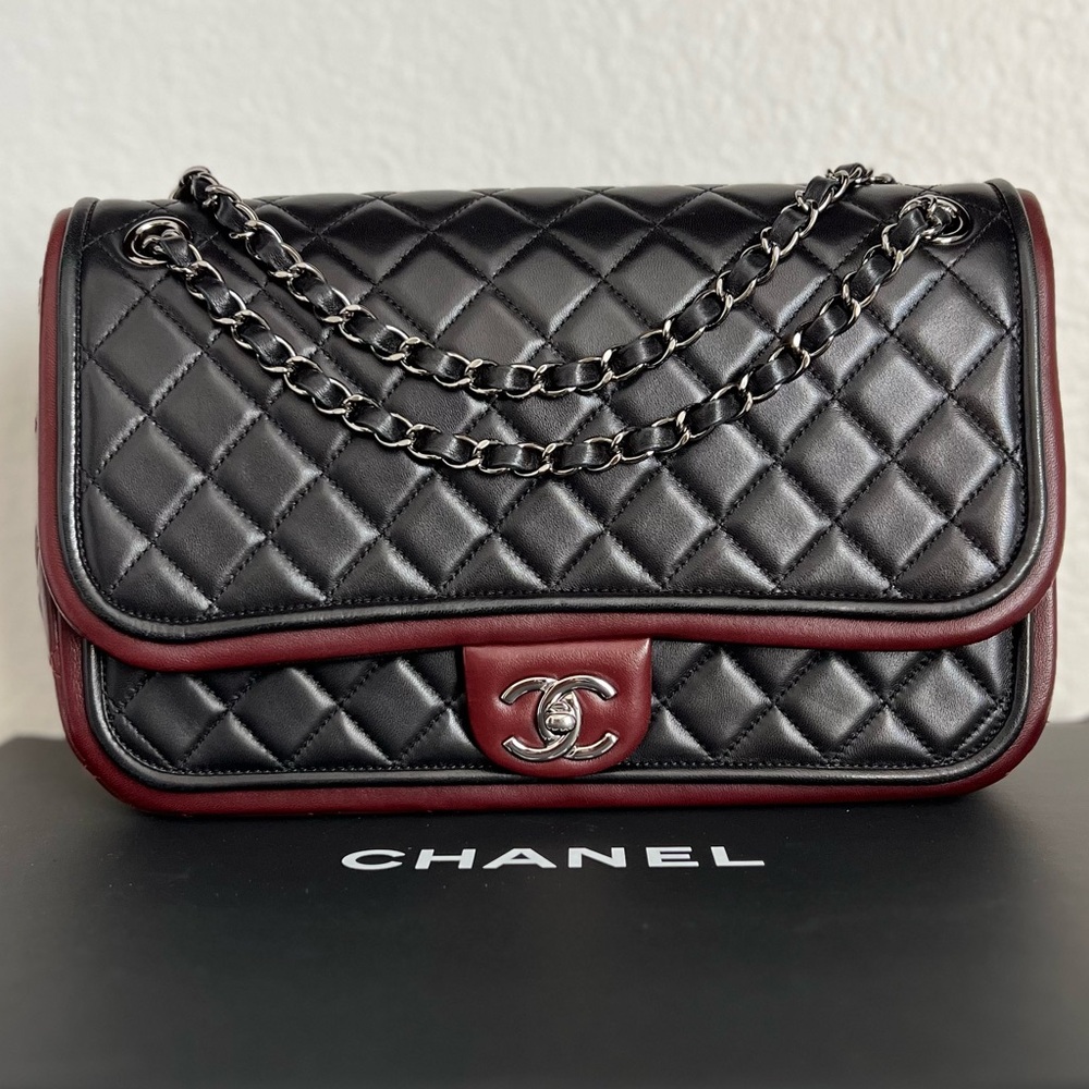 SOLD Chanel Quilted Classic Twist Flap Bag in Black and Bordeaux Lambskin